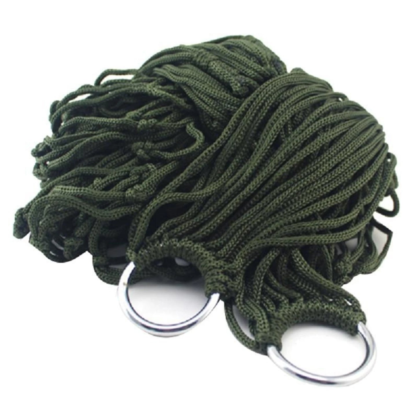 Green paracord with metal carabiners on a white background