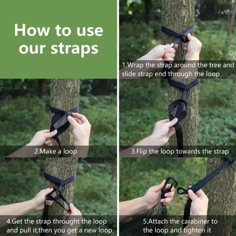 Instructions on how to use straps to tie a tree, with text overlay and step-by-step guide.