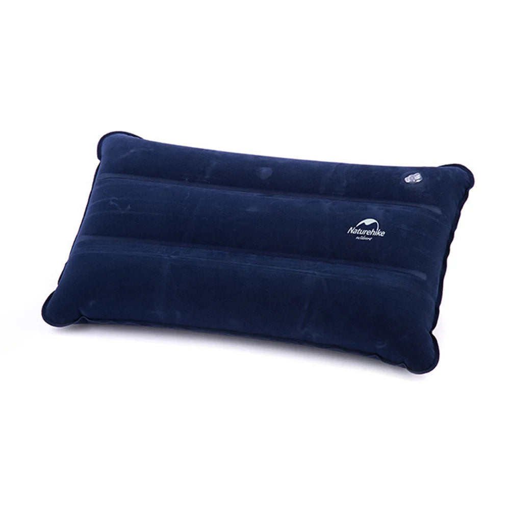 Blue inflatable pillow with a visible brand logo on a white background