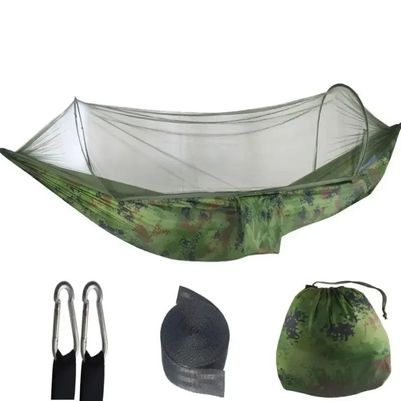 Camouflage hammock set with accessories on a white background