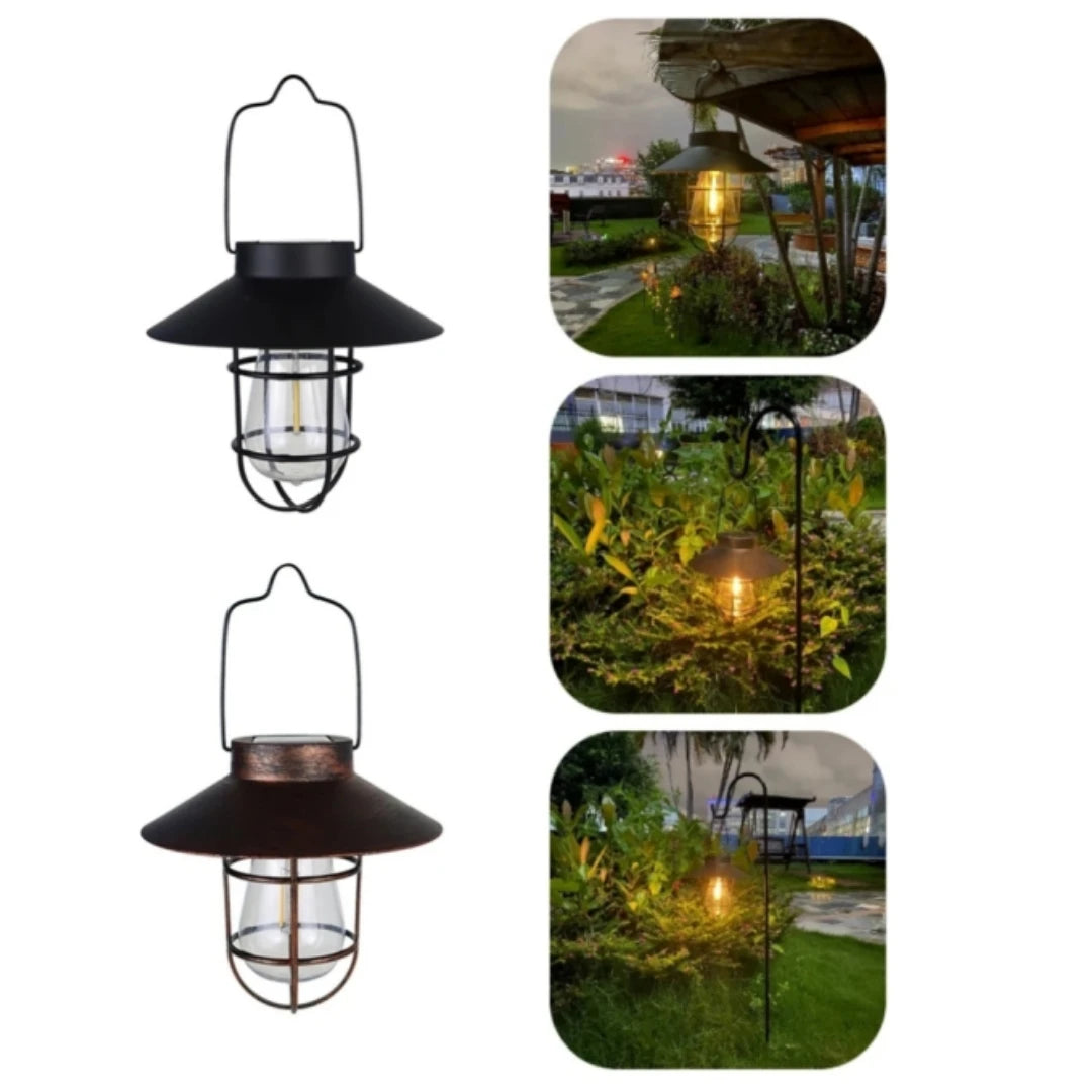 Hanging outdoor light fixture with garden scene images