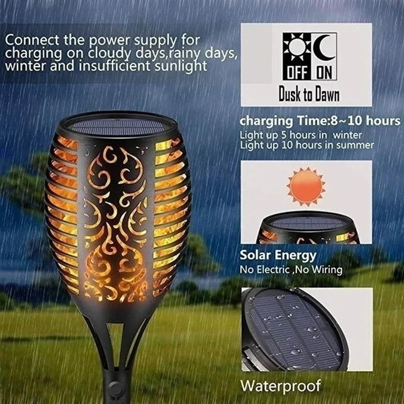 Solar-powered outdoor light with charging information and weather conditions.