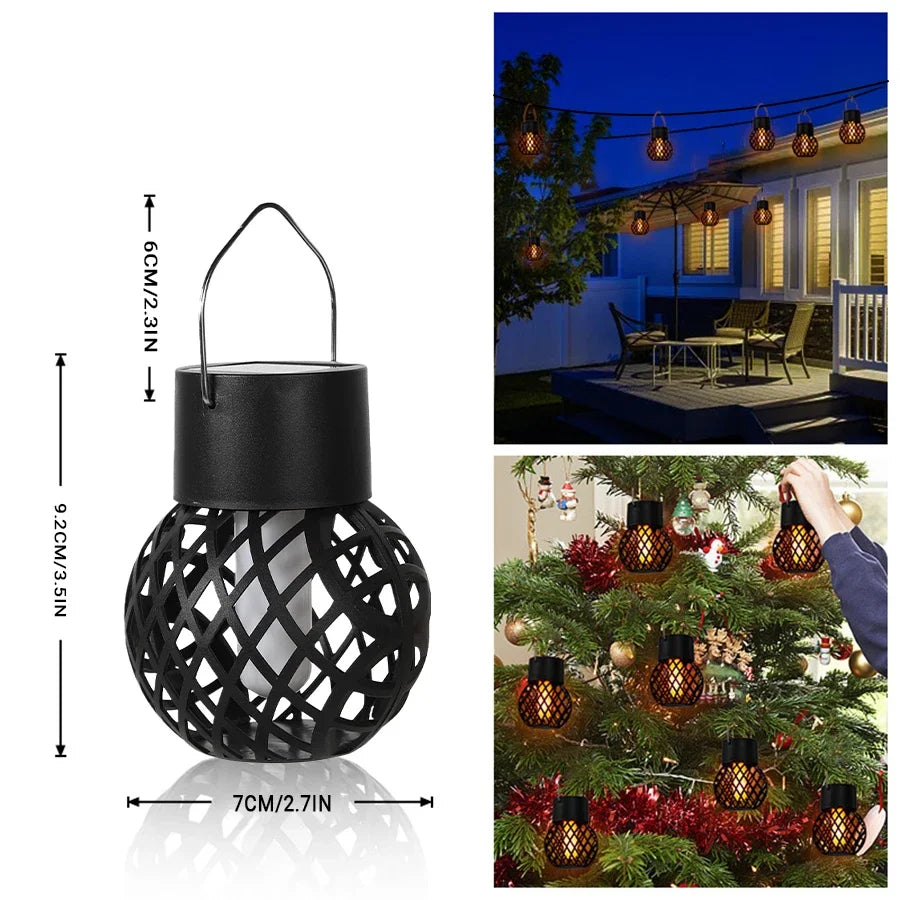 Black lattice-patterned lantern with measurements, used outdoors and on a Christmas tree.