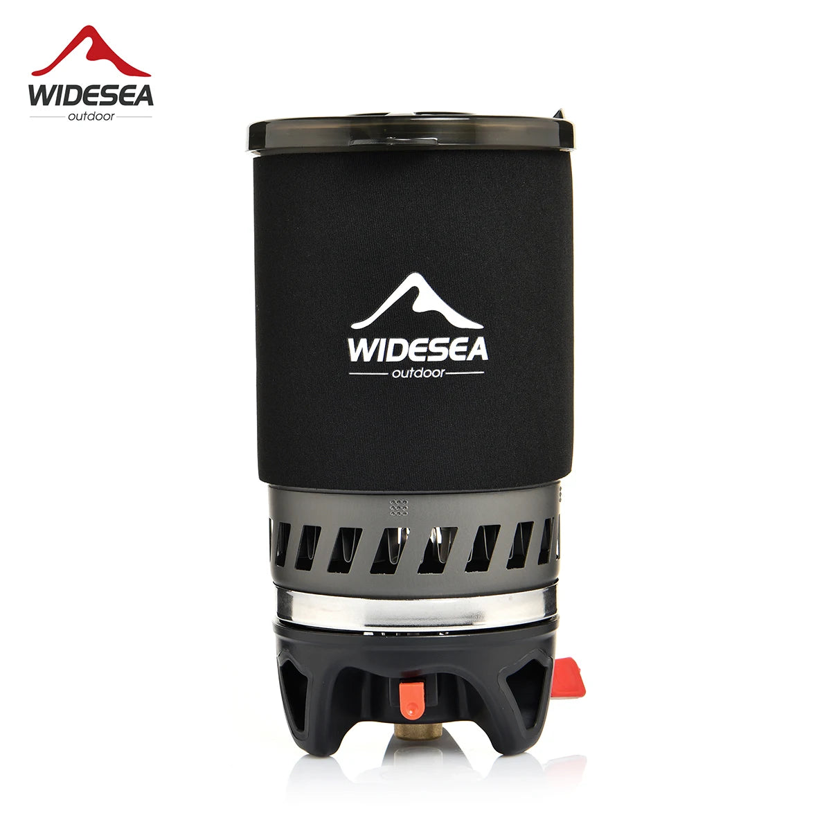 Black camping stove with Widesea logo on a white background