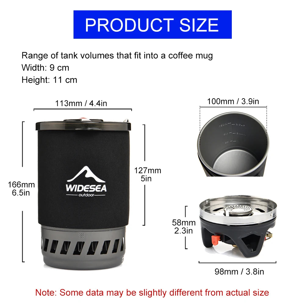 Measurement chart of a coffee mug with Widesea branding, showing dimensions and product size details.
