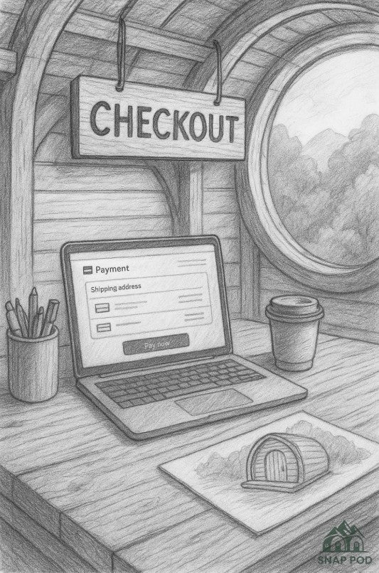 A pencil sketch showing the interior of a rustic camping pod converted into a small shop, with shelves stocked with lanterns, mugs, candles, and cooking gear. Outside the pod window, gentle hills and trees complete the peaceful setting.