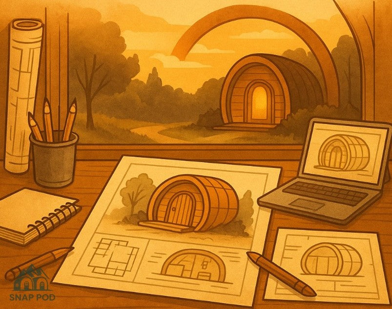 Design workspace with 3D camping pod plans, sketches, and glowing pod at sunset