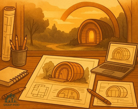 Design workspace with 3D camping pod plans, sketches, and glowing pod at sunset