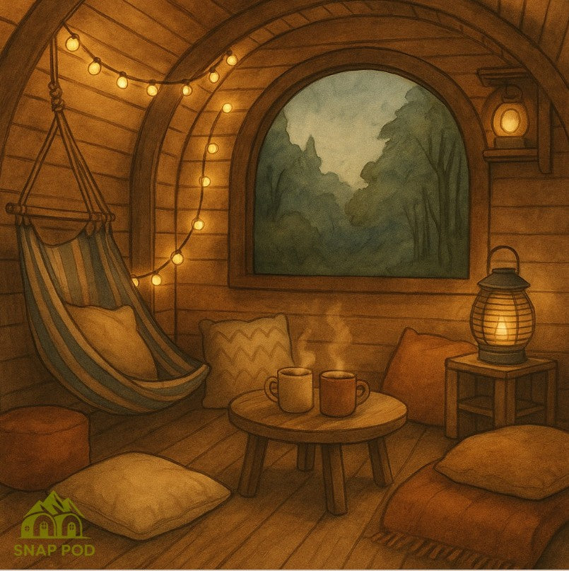 Watercolor painting of a warm, rustic Snap Pod interior with soft lighting, a comfy chair, and camping accessories like a lantern, blanket, and mug.