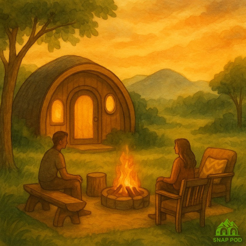 A modern glamping pod nestled in the UK countryside at golden hour, with a campfire and cosy outdoor seating