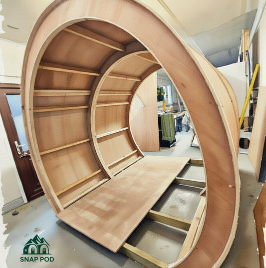 Watercolor illustration of Snap Pod hobbit-style glamping pod prototype rear section, featuring curved plywood beams and emerging barrel shape in a UK workshop setting