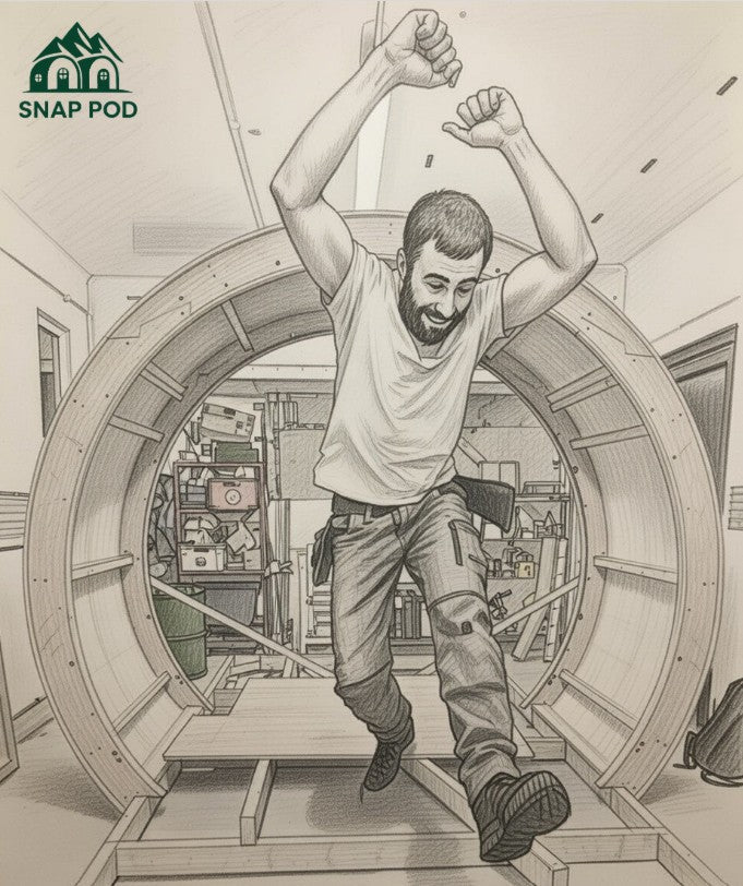 Pencil sketch of Snap Pod builder celebrating inside the first 2.6m circular plywood frame of our hobbit-style glamping pod prototype in the UK workshop