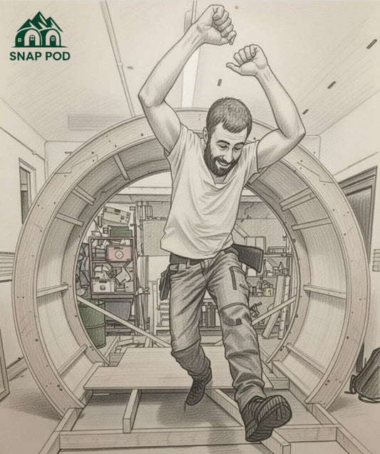 Pencil sketch of Snap Pod builder celebrating inside the first 2.6m circular plywood frame of our hobbit-style glamping pod prototype in the UK workshop