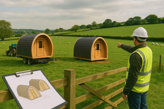 Snap Pods being installed in an English farm field with sheep grazing, a clipboard site plan, and a farmer pointing out pod locations