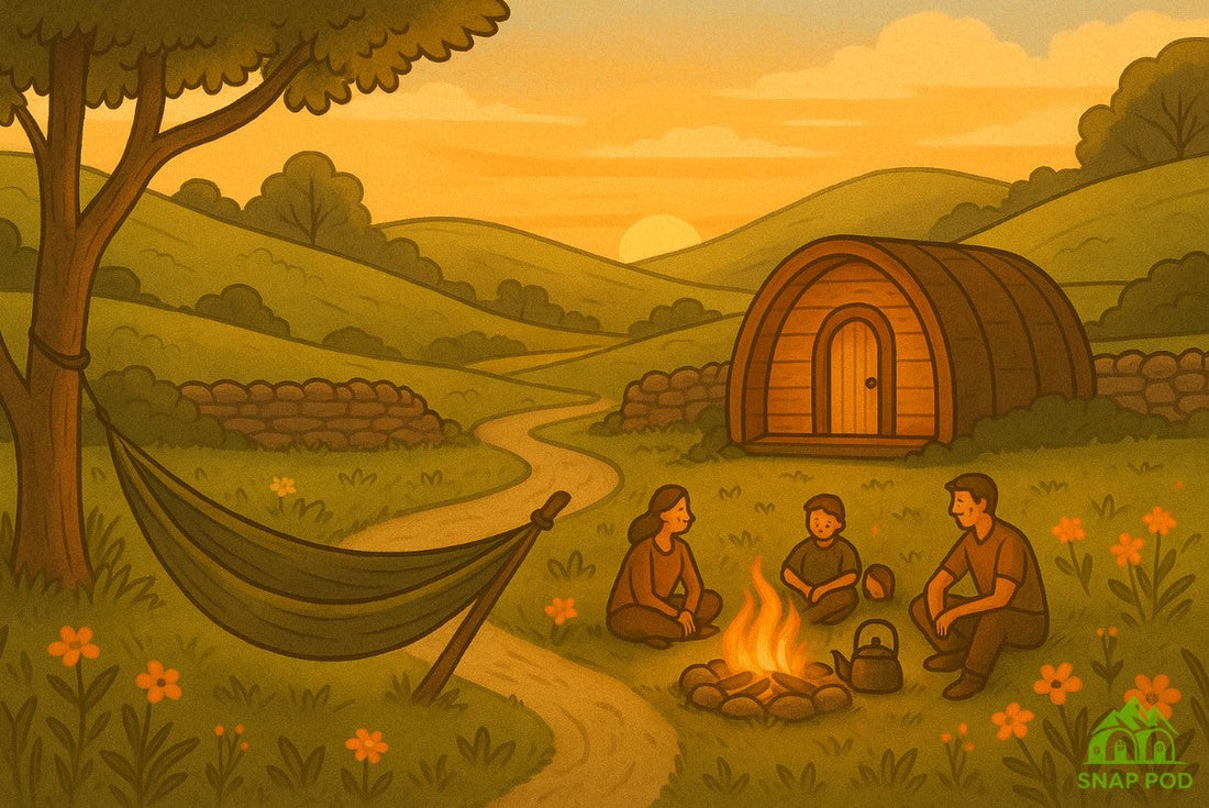 Sunset campsite in the UK with glamping pod, family by firepit, and hammock in foreground