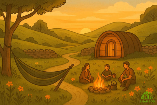 Sunset campsite in the UK with glamping pod, family by firepit, and hammock in foreground