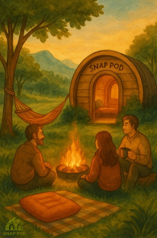 A golden-hour camping scene with a Snap Pod and happy campers enjoying a firepit in the UK countryside
