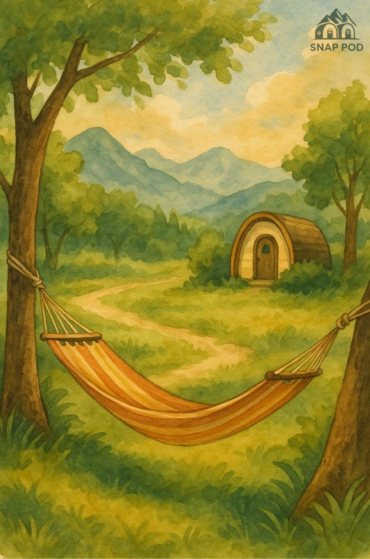 Watercolor illustration of a hammock strung between two trees beside a cosy glamping pod, with mountains in the background and soft morning light