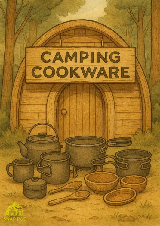 Hand-drawn illustration of camping cookware laid out in front of a Snap Pod, surrounded by forest, with a wooden sign reading “Camping Cookware”