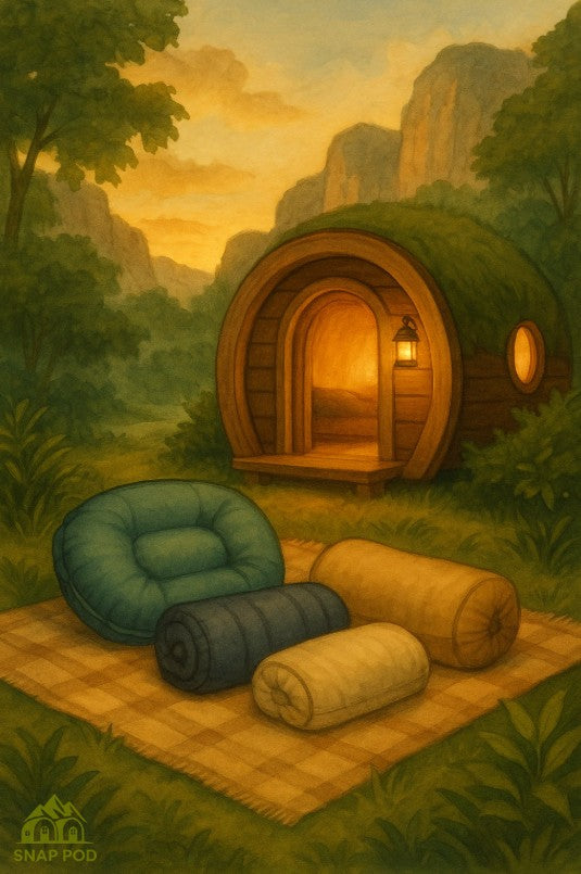 Inflatable camping pillows resting near a glowing Snap Pod at sunset, surrounded by lush greenery