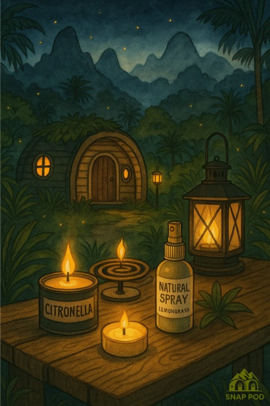 A cozy Snap Pod at twilight surrounded by natural mosquito repellent items like citronella candles, incense coils, and lanterns, in a forest clearing with fireflies glowing around.