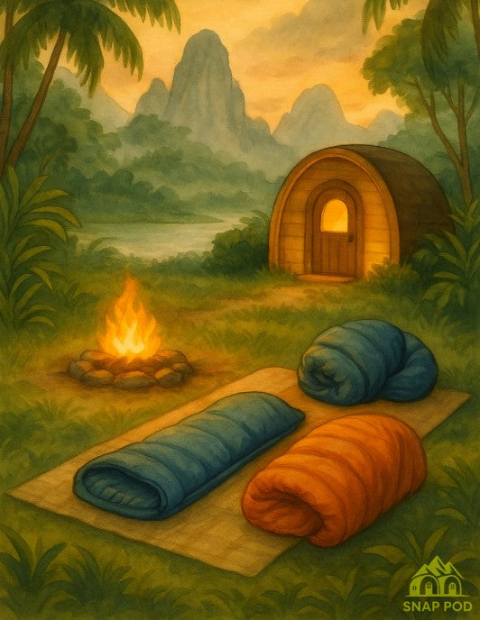 Sleeping bags arranged in front of a softly glowing Snap Pod at dusk with a campfire nearby