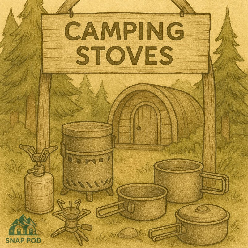 A cosy outdoor scene showing a Snap Pod nestled among trees, with a couple cooking on a small camping stove next to it, illustrated in a warm storybook watercolor style.