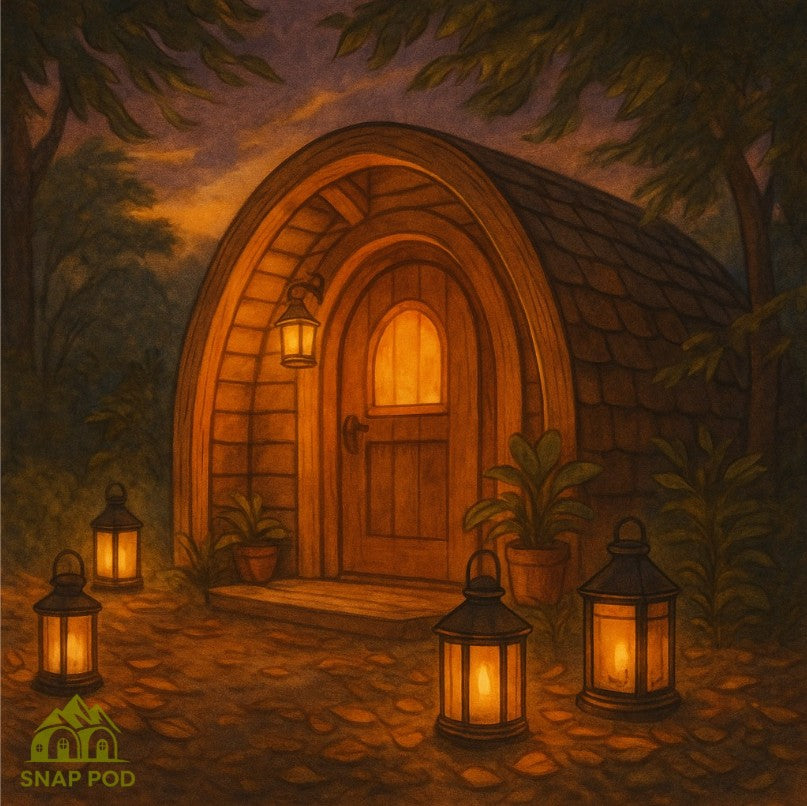 A cozy Snap Pod illuminated by softly glowing lanterns at dusk, nestled in a serene outdoor setting with a warm, welcoming atmosphere.