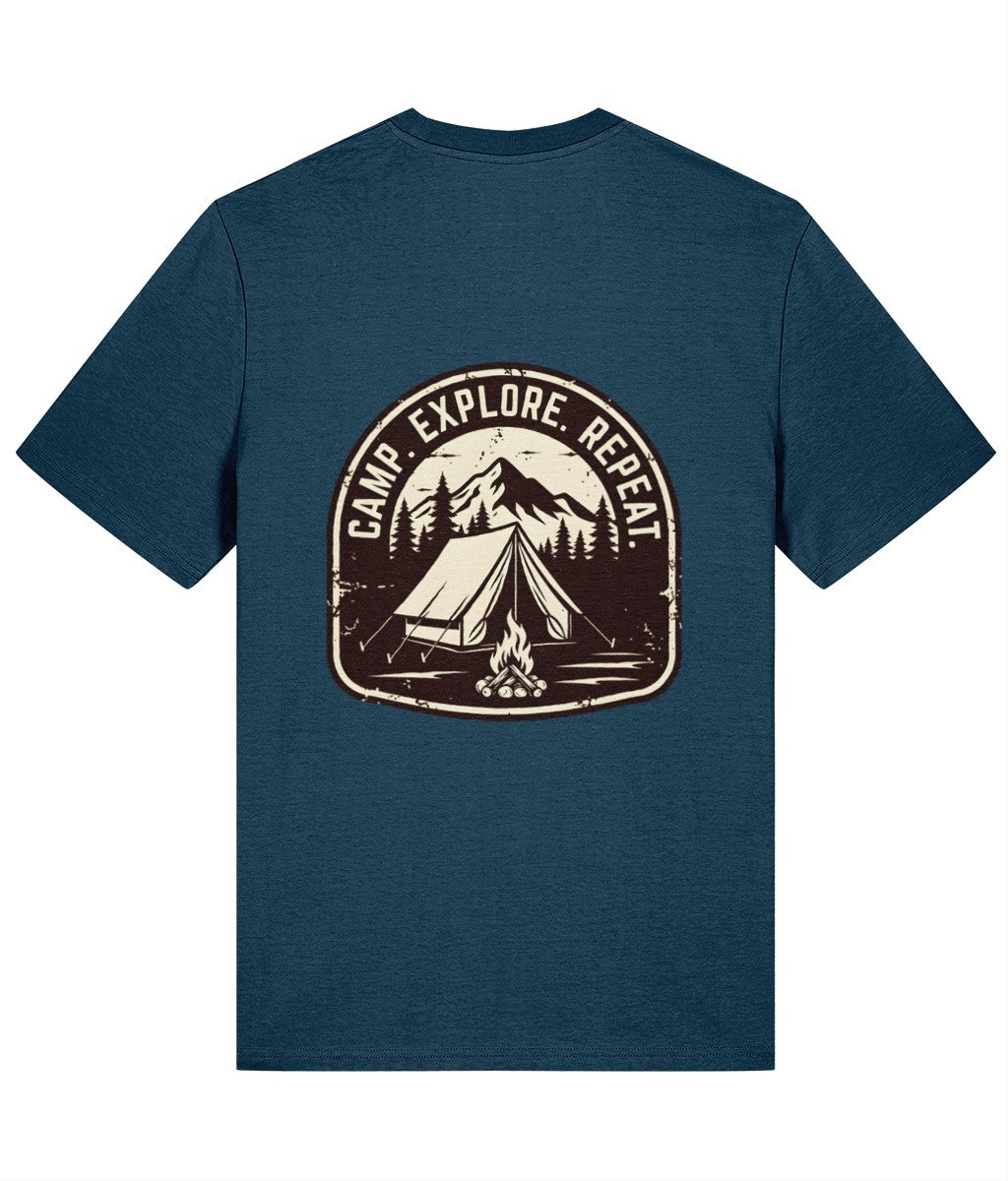 Green t-shirt with a camping graphic and 'Camp Explore Repeat' text on a white background