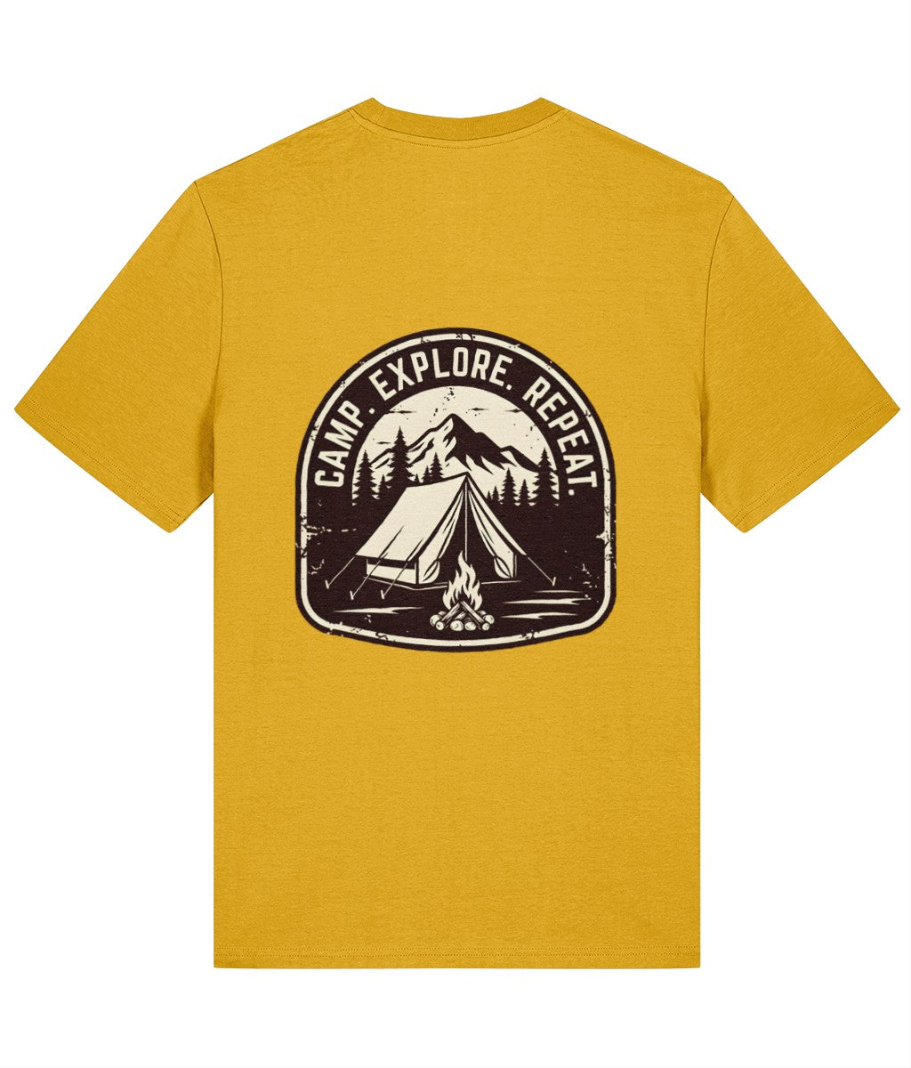 Yellow t-shirt with a camping graphic and 'Camp Explore Repeat' text on a white background