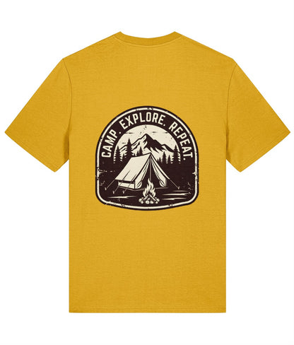 Yellow t-shirt with a camping graphic and 'Camp Explore Repeat' text on a white background