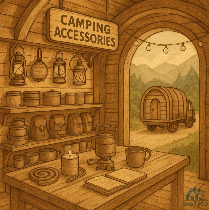 Illustration of a wooden store interior with camping accessories and a scenic view outside.