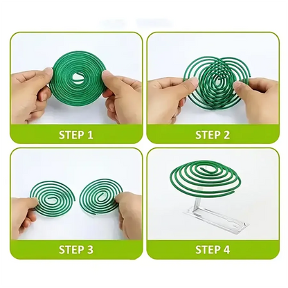 Step-by-step tutorial on how to use a green spiral tool with hands performing each step.