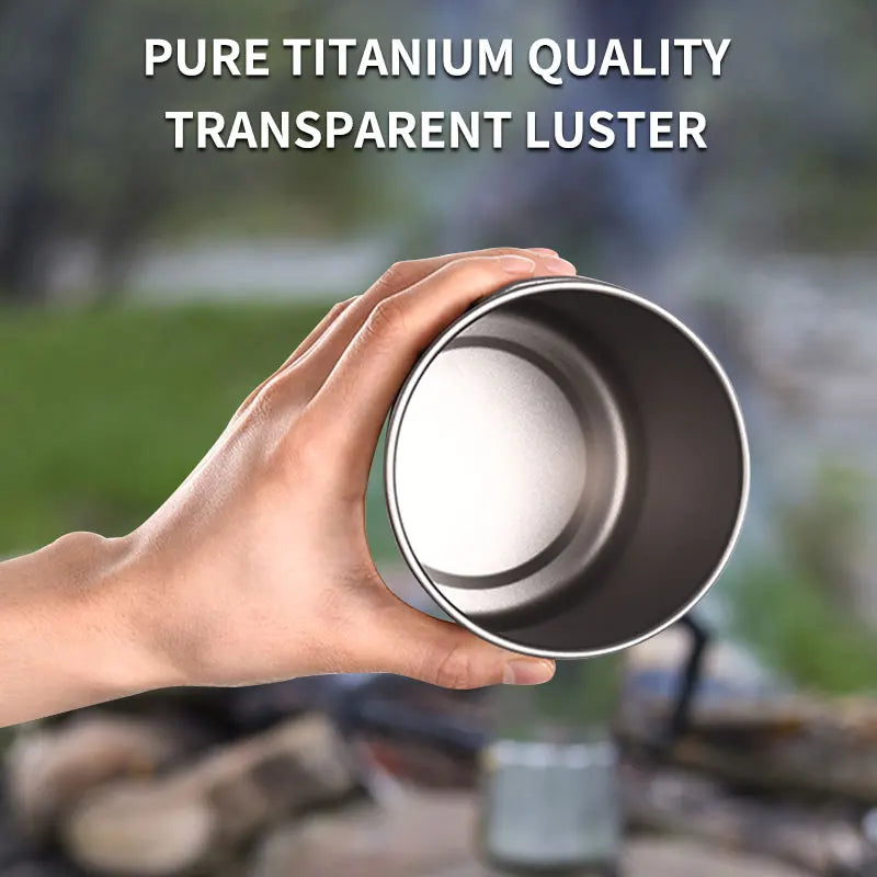Hand holding a metallic container with 'Pure Titanium Quality Transparent Luster' text.