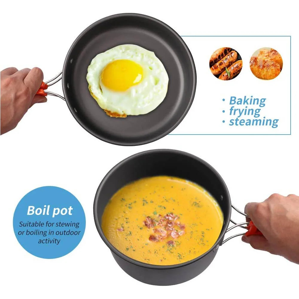 Two cooking utensils, one with a fried egg and the other with a soup, on a white background.