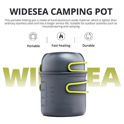 WideSea camping pot with features listed on a white background