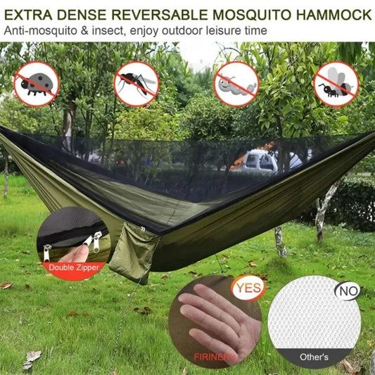 Extra dense reversible mosquito hammock with features highlighted on a green outdoor background