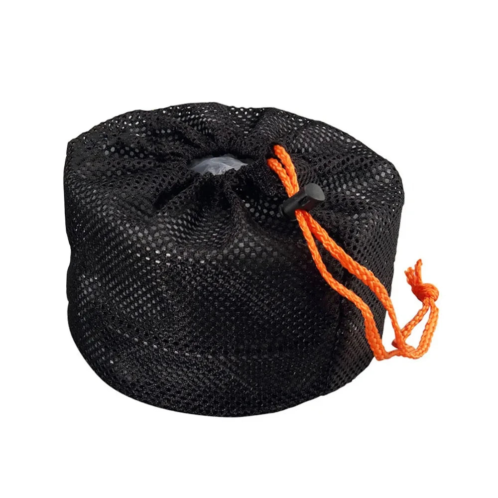 Black mesh drawstring bag with orange string on a white background