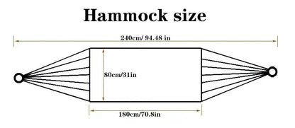 Diagram showing dimensions of a hammock with measurements in centimeters and inches.