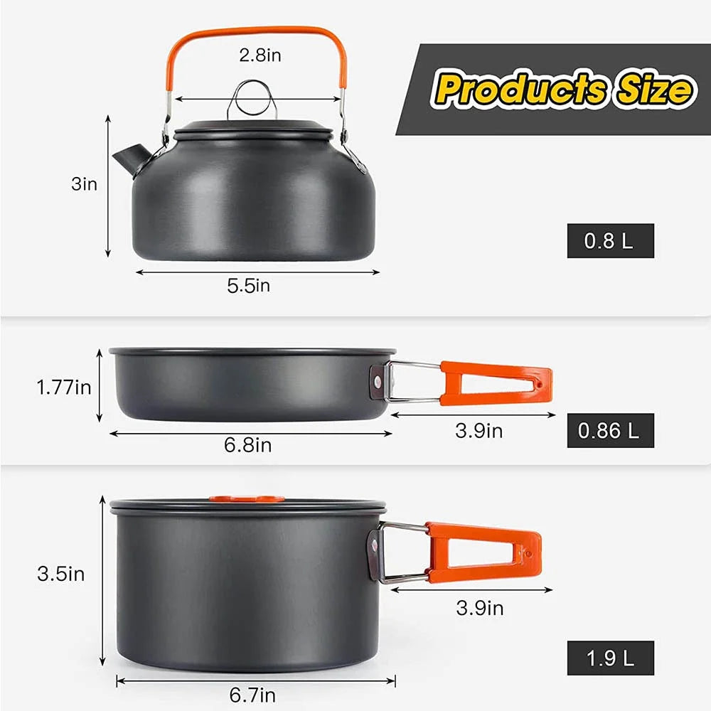 Measurement chart of camping cookware with dimensions and volume labels.