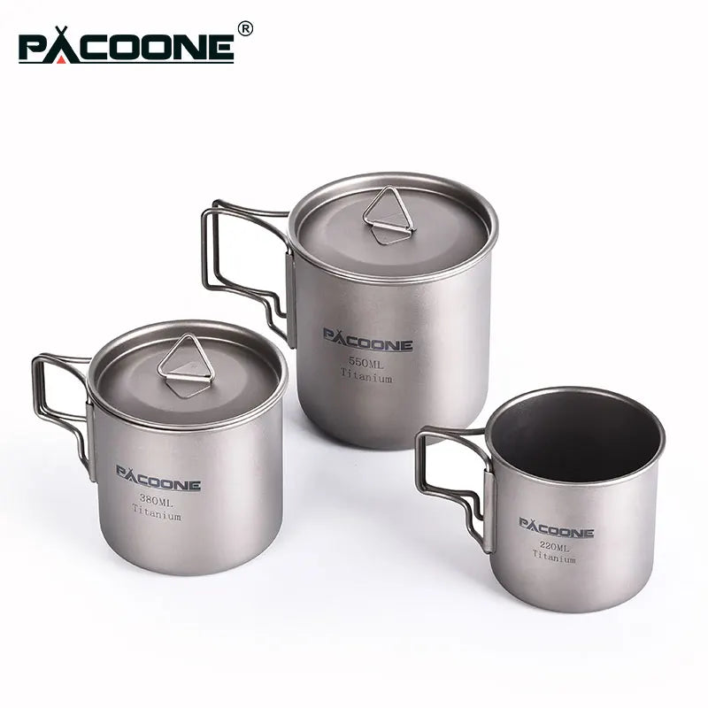 Set of three stainless steel mugs with lids on a white background, featuring the Pacoone brand.