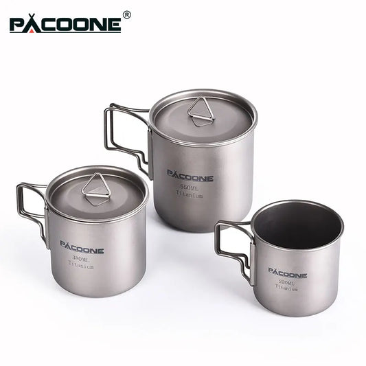 Set of three stainless steel mugs with lids on a white background, featuring the Pacoone brand.