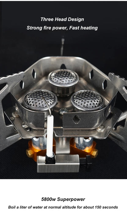 Metallic camping stove with three burners on a black background