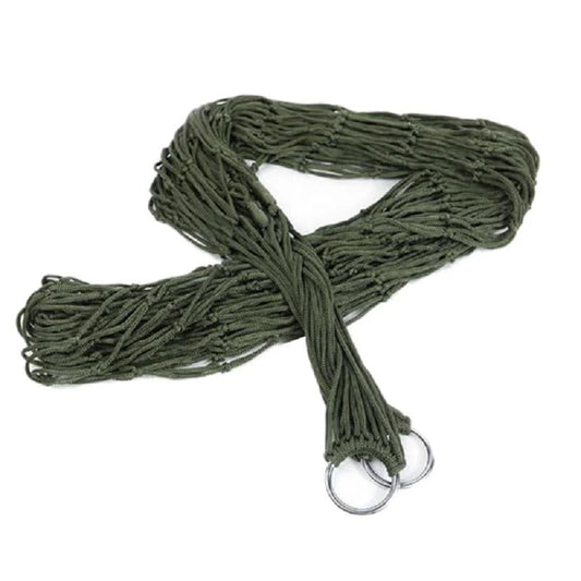 Green paracord with metal rings on a white background