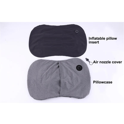 Gray inflatable pillow with black air nozzle cover on a white background