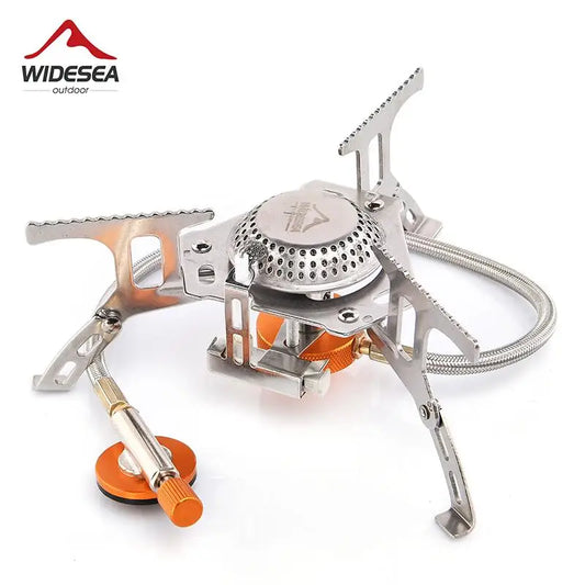 Portable camping stove with orange accents on a white background, featuring the WideSea Outdoor brand.
