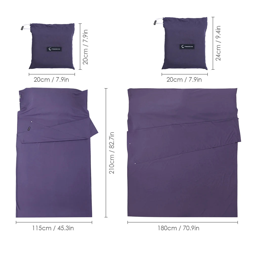 Purple sleeping bag with dimensions on a white background