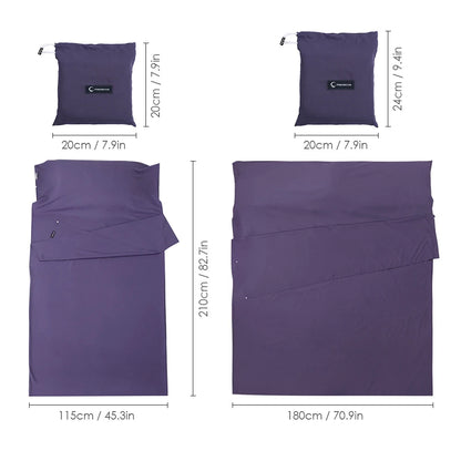 Purple sleeping bag with dimensions on a white background
