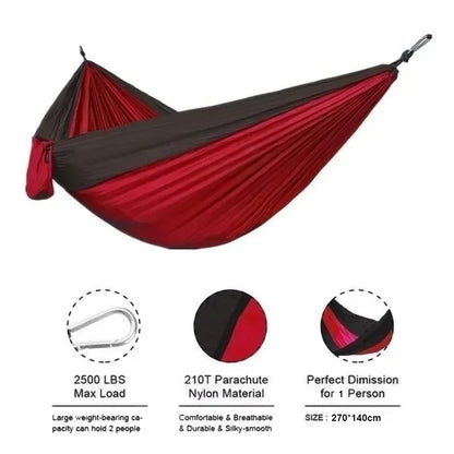 Red and black hammock with specifications on a white background