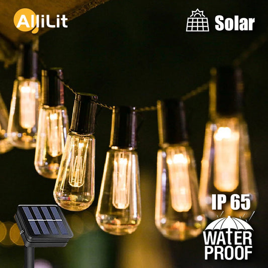 String of solar-powered LED lights with Allilot branding and waterproof rating on a dark background.